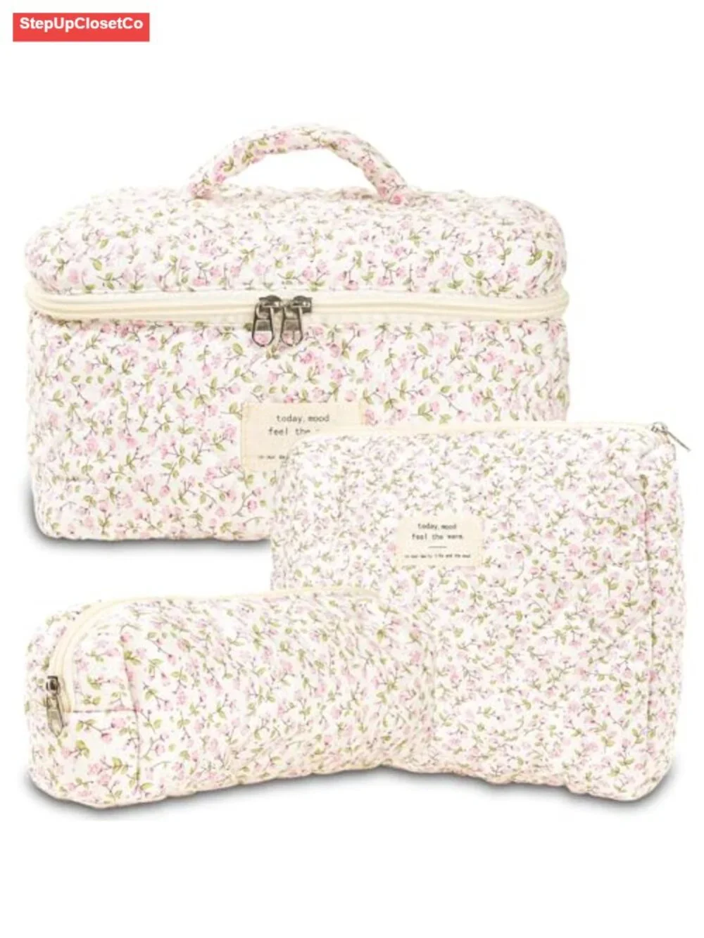 Quilted Cotton Makeup Bag Set, 3 Piece Travel Cosmetic Organizer Pouch, Nylon